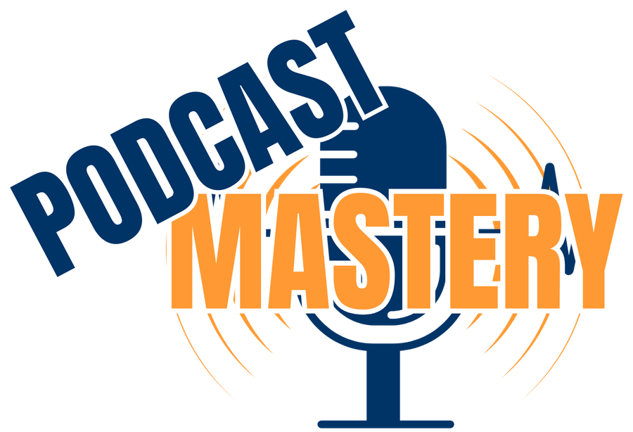 Podcast Mastery logo: a studio microphone with sound waves radiating outward